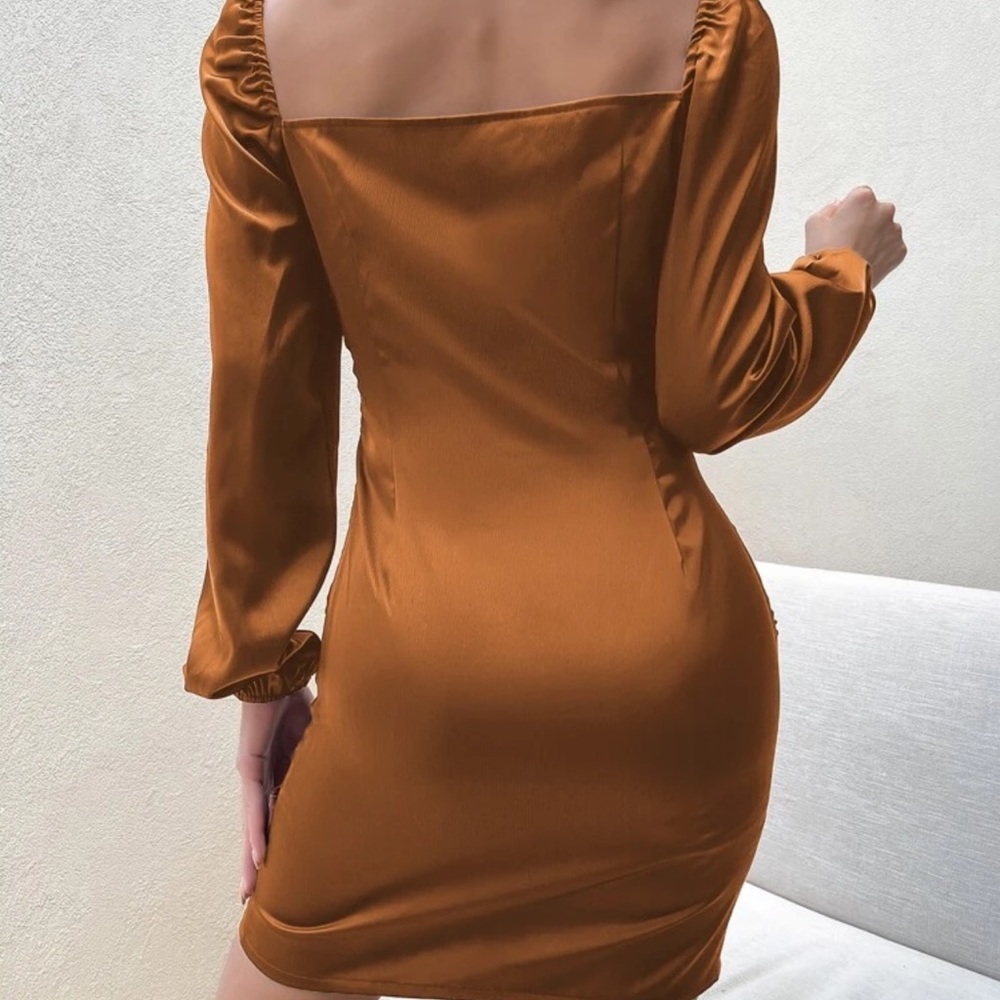 Square neck long sleeve ruched bodycon satin silky dress burgundy maroon red - Picture 8 of 12